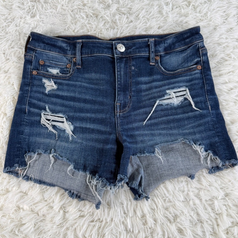 American Eagle Midi Stretch Distressed Denim Shorts Blue Size 8 Casual Y2K
